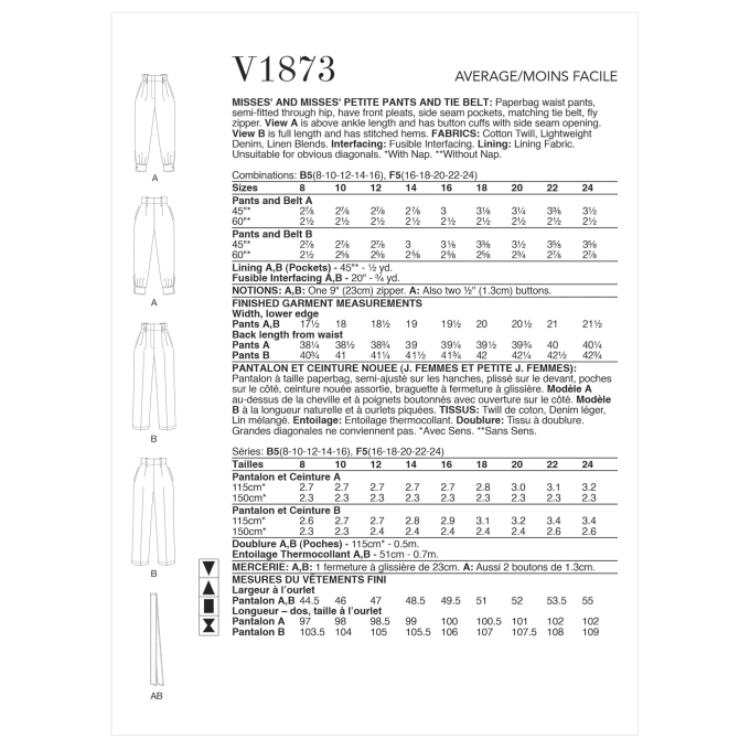 Pattern Vogue 1873 Broek, maat 34-42, Dui/En/Fr