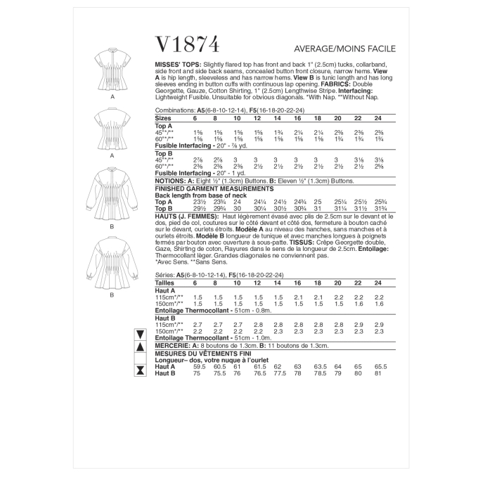 Naaipatroon Vogue 1874 Gr. 32-40 Blouse, Dui/En/Fr