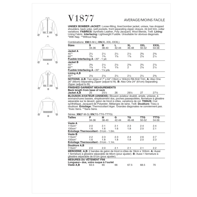 Naaipatroon Vogue 1877 Unisex jas, mt. 48-56, Dui/En/Fr