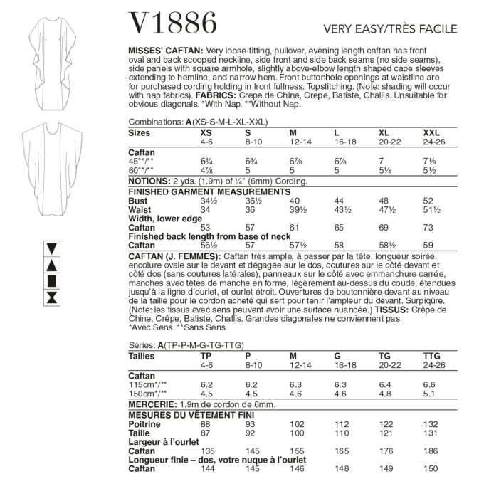 Patron Vogue 1886 caftan robe, taille 32-50 en français