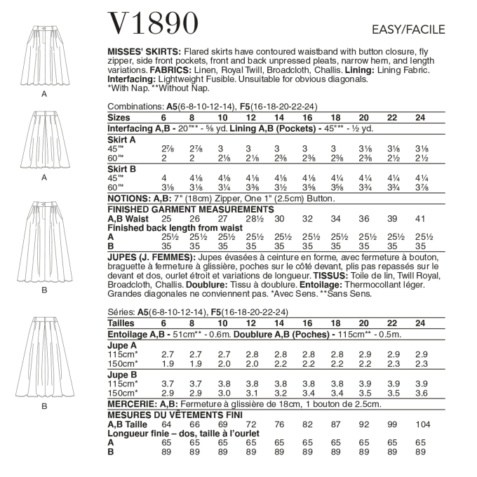 Patron Vogue 1890 jupe, taille 32-40 en français