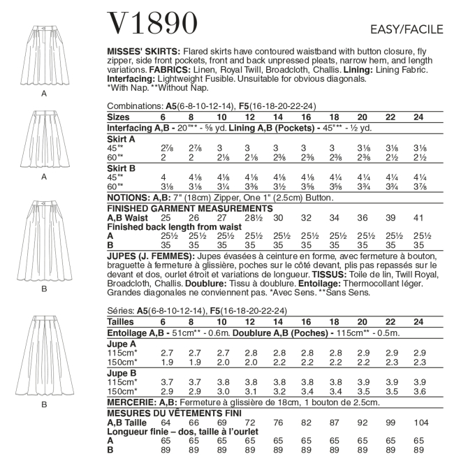 Patron Vogue 1890 jupe, taille 42-50 en français