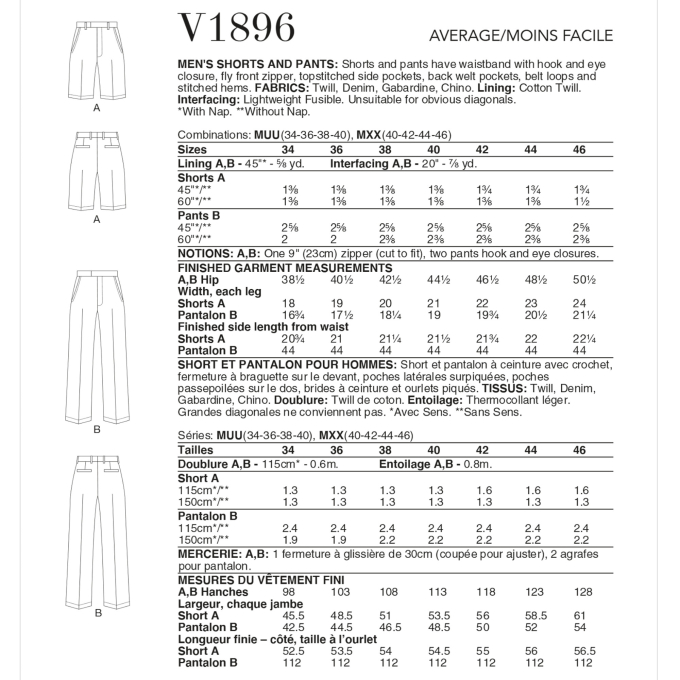 Naaipatroon Vogue 1896 heren broek, maat 50-56 Dui/En/Fr