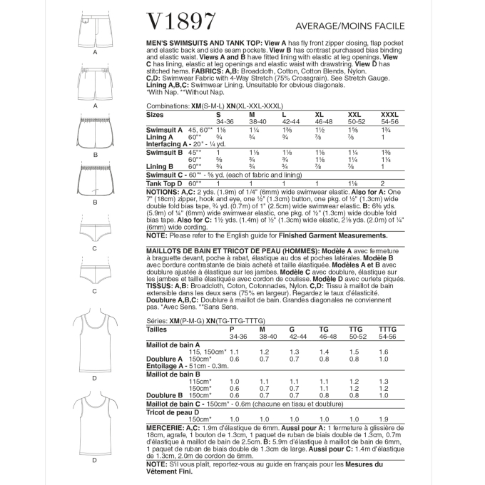Naaipatroon Vogue 1897 heren badmode, maat XL-XXXL Dui/En/Fr