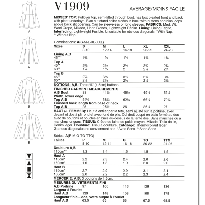 Naaipatroon Vogue 1909 blouse, maat 34-50 Dui/En/Fr