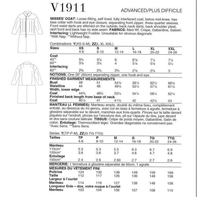 Naaipatroon Vogue 1911 designer mantel, maat 42-50 Dui/En/Fr