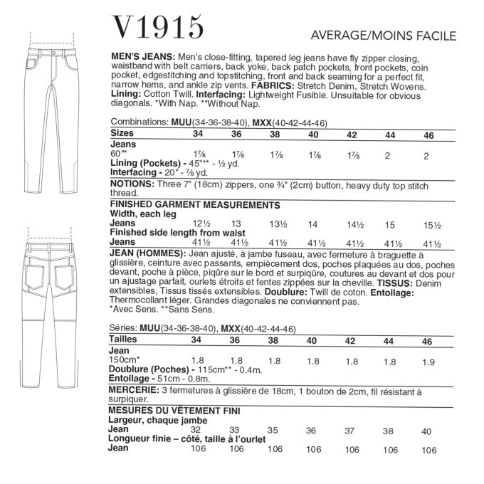 Patron Vogue 1915 hommes jeans, taille 44-50 en français