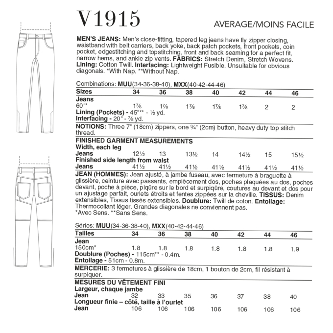 Naaipatroon Vogue 1915 heren jeans, maat 50-56 Dui/En/Fr