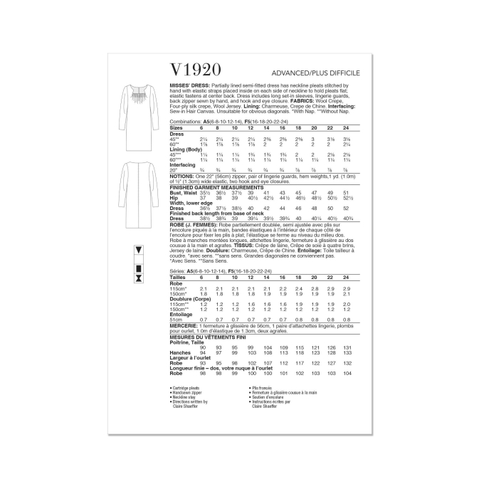Naaipatroon Vogue 1920 designer jurk, maat 42-50 Dui/En/Fr