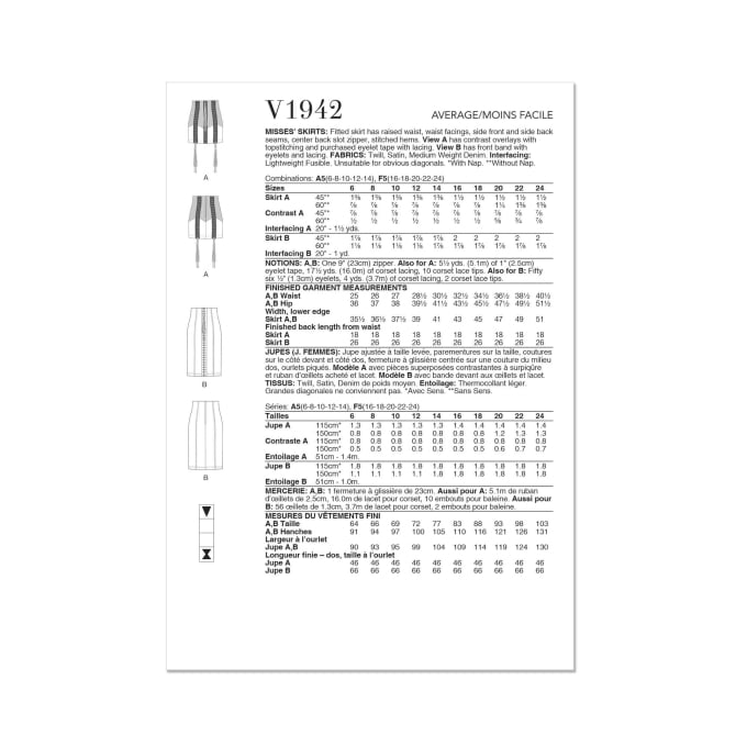 Patron Vogue 1942 jupe femme, taille 32-40 en français