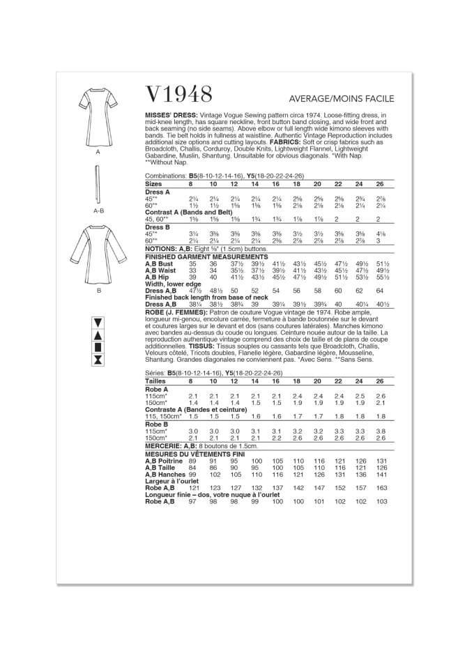 Naaipatroon Vogue 1948 Vintage jurk, maat 34-42 Dui/En/Fr