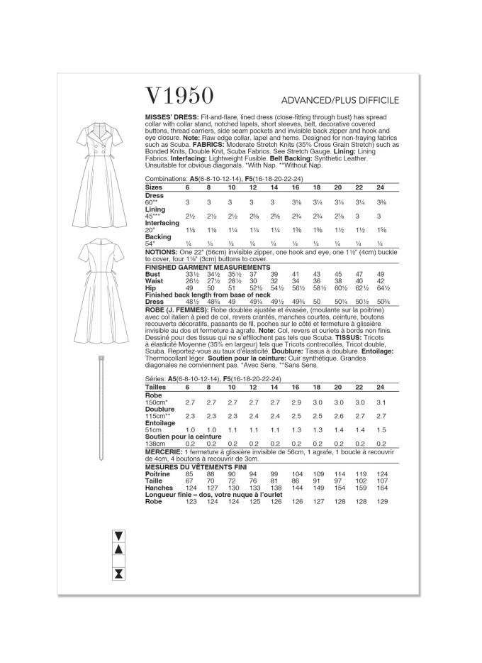 Naaipatroon Vogue 1950 designer jurk, maat 32-40 Dui/En/Fr