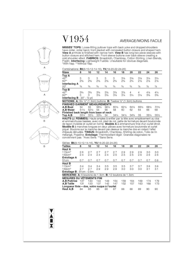 Naaipatroon Vogue 1954 blouse, maat 34-42 Dui/En/Fr