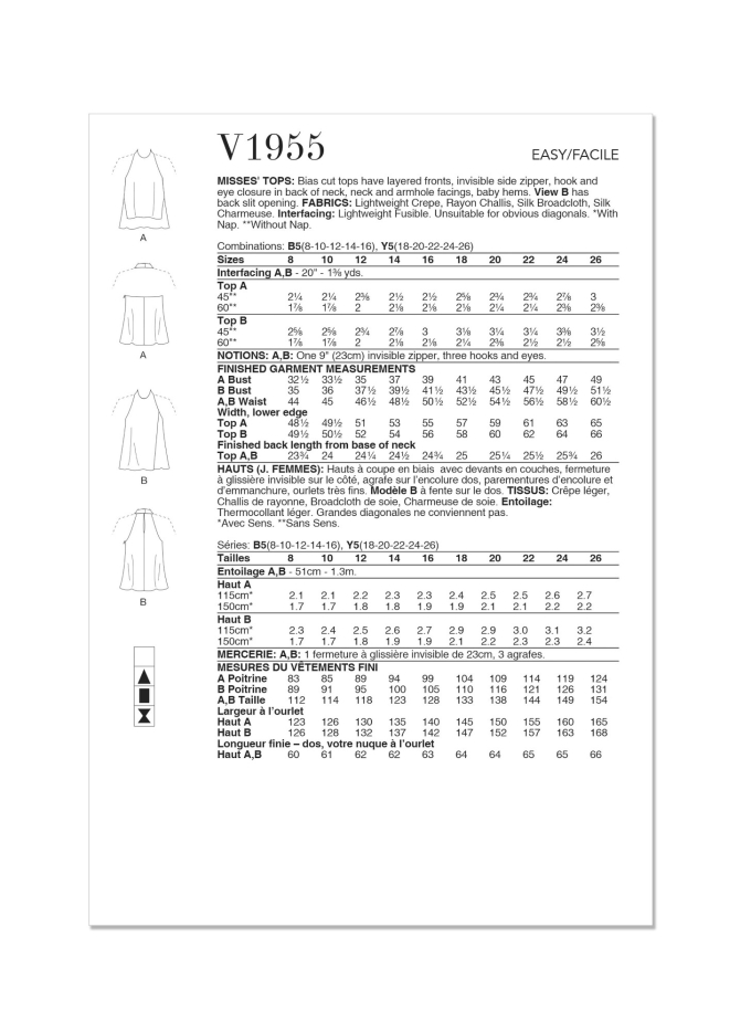 Naaipatroon Vogue 1955 Top, maat  44-52, Dui/En/Fr