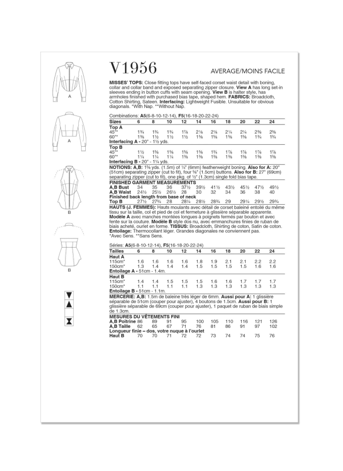 Naaipatroon Vogue 1956 blouse, maat 32-40 Dui/En/Fr