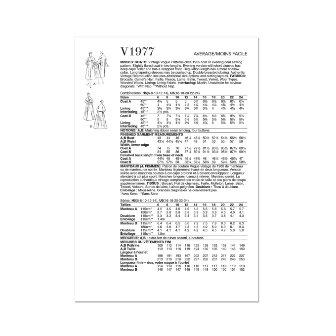 Naaipatroon Vogue 1977 Vintage mantel, maat 32-4, Dui/En/Fr