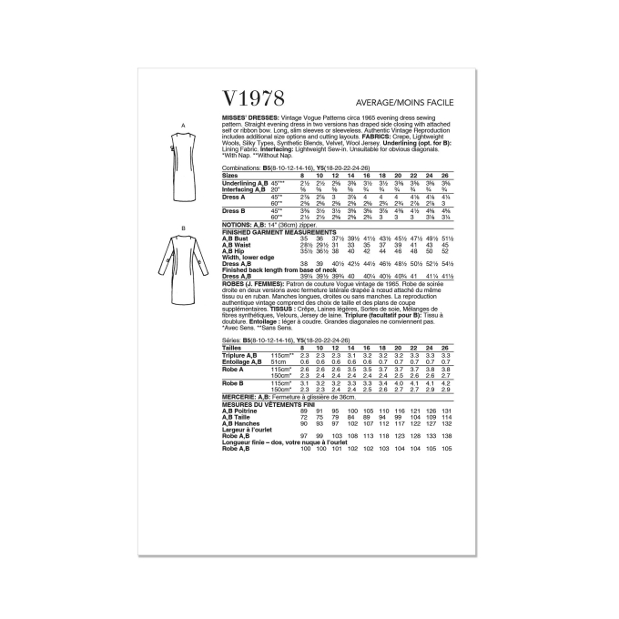 Naaipatroon Vogue 1978 jurk, maat 34-42, Dui/En/Fr