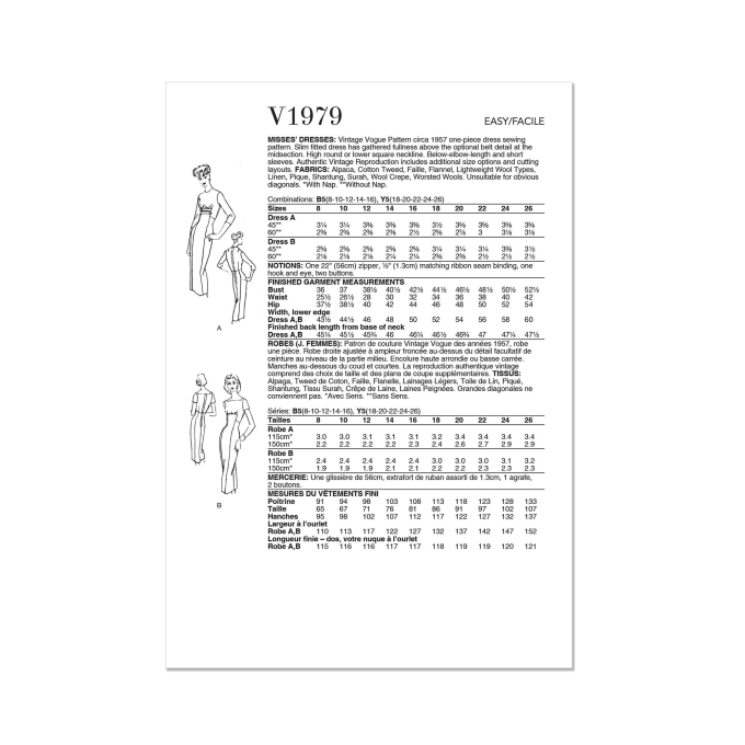 Naaipatroon Vogue 1979 jurk, maat 34-42, Dui/En/Fr