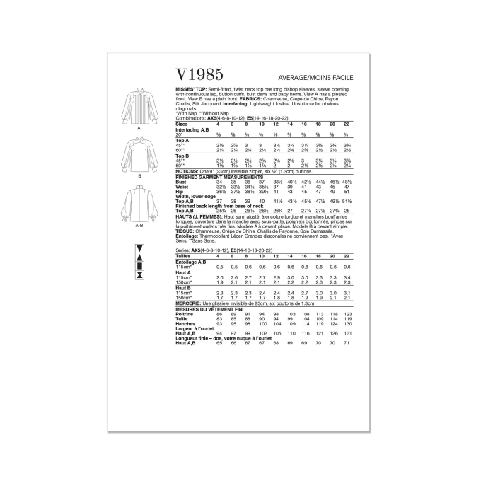 Naaipatroon Vogue 1985 top, maat 30-38, Dui/En/Fr