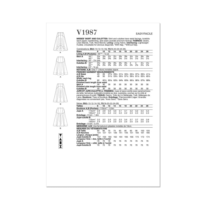 Patron Vogue 1987 jupe femme, version papier, taille 34-42 en français