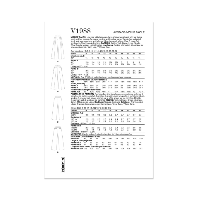 Naaipatroon Vogue 1988 broek, maat 32-40 Dui/En/Fr