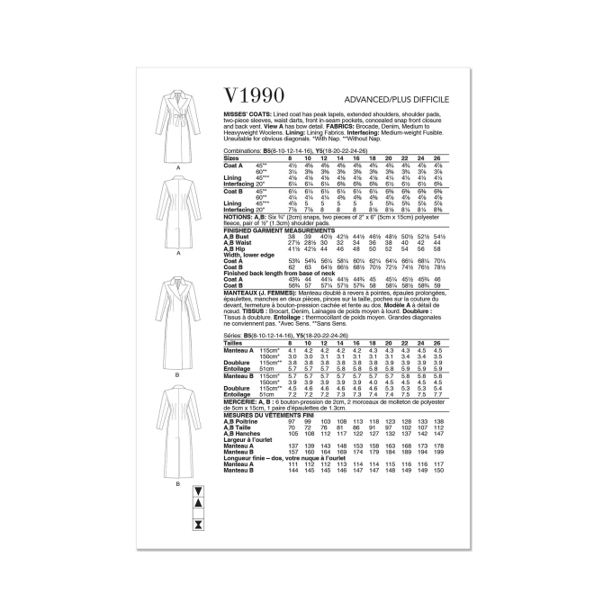 Naaipatroon Vogue 1990 mantel, maat 34-42, Dui/En/Fr