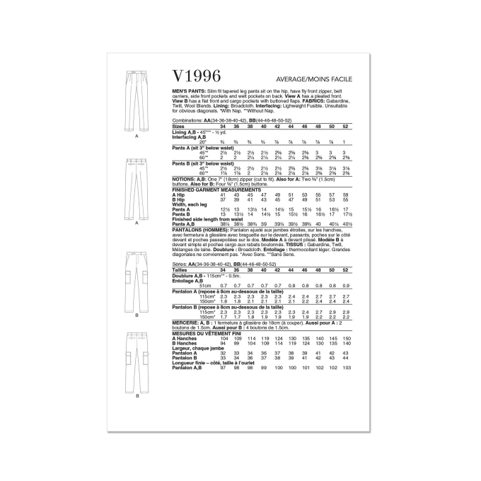 Naaipatroon Vogue 1996 heren broek, maat 44-52 Dui/En/Fr