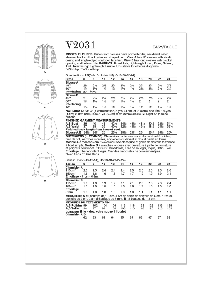 Naaipatroon Vogue 2031 Blouses, maat 34-42 Dui/En/Fr