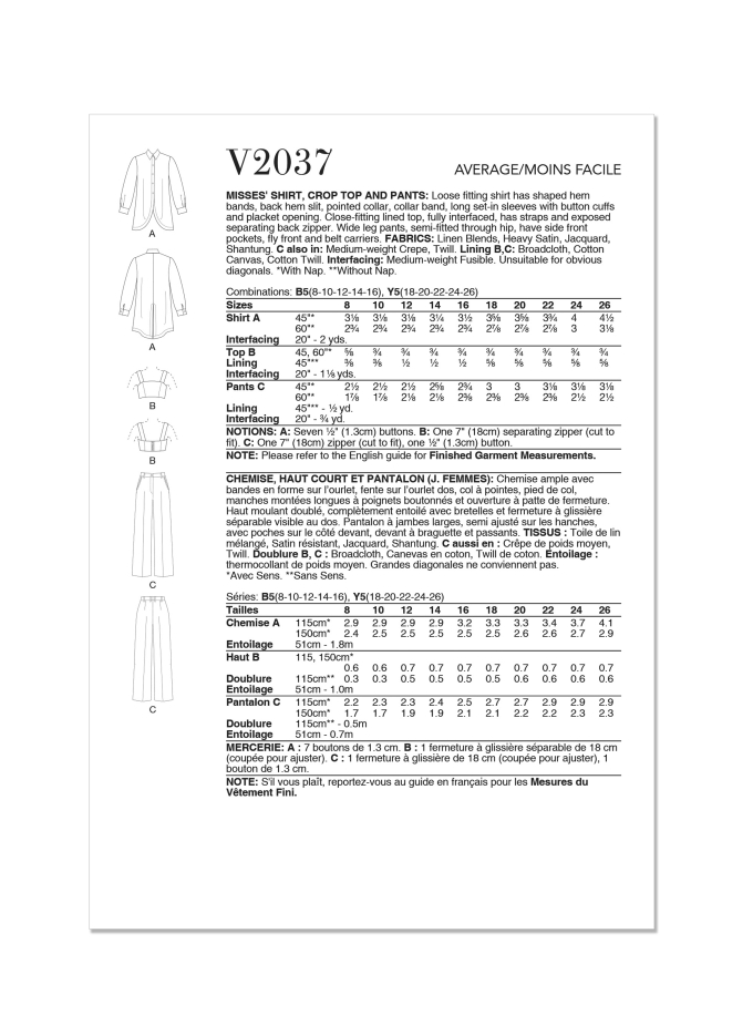 Naaipatroon Vogue 2037 Shirt, Crop Top en Broek , maat 34-52 Dui/En/Fr