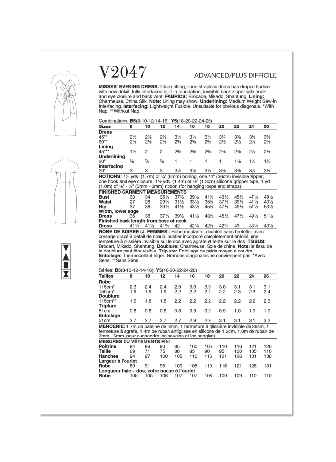 Patron Vogue 2047 robe de soirée femme, version papier, taille 34-42 en français