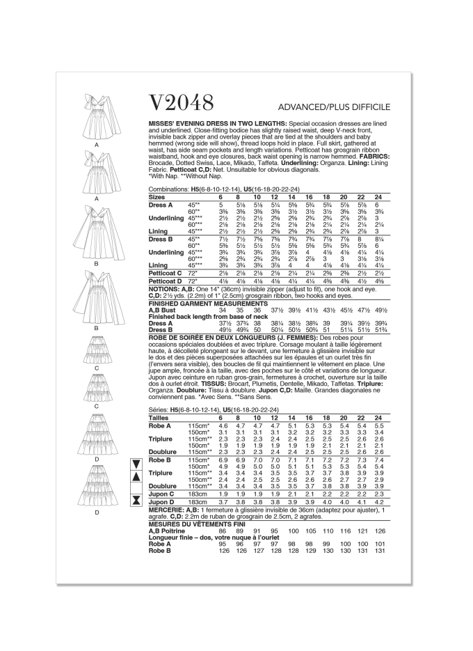 Patron Vogue 2048 robe de soirée femme, version papier, taille 32-40 en français