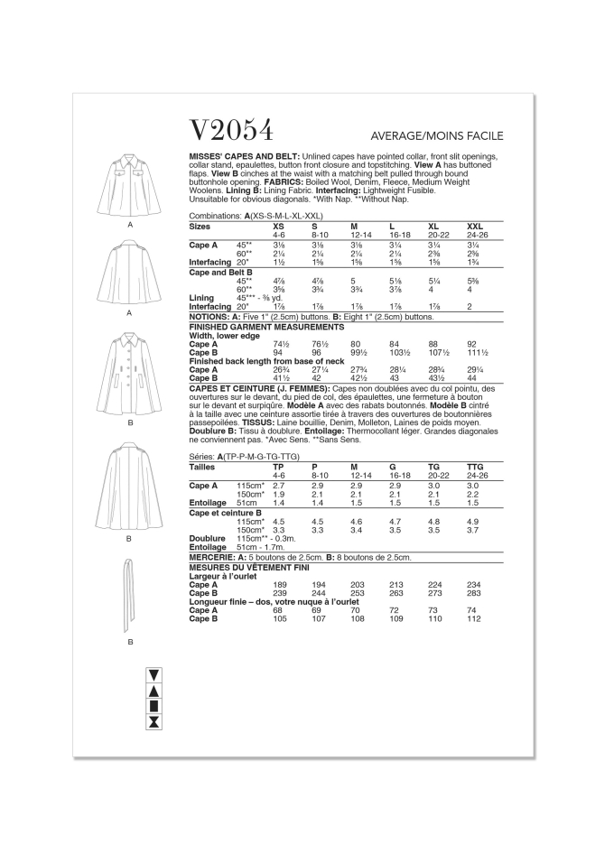 Naaipatroon Vogue 2054 Dames Cape, maat XS-XXL Dui/En/Fr