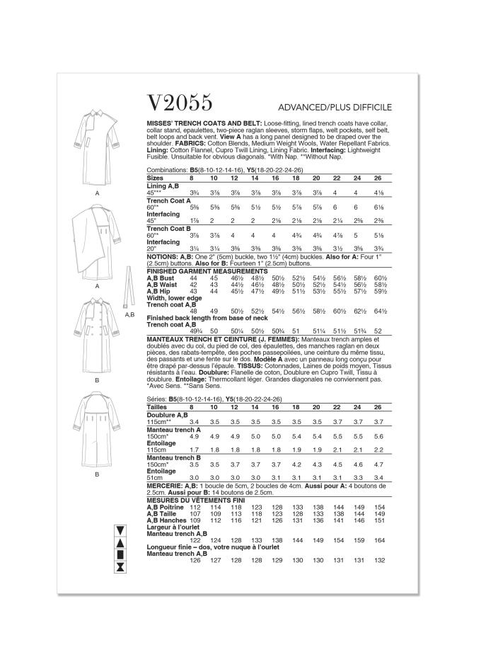 Naaipatroon Vogue 2055 Dames Trench Coats, maat 34-42 Dui/En/Fr