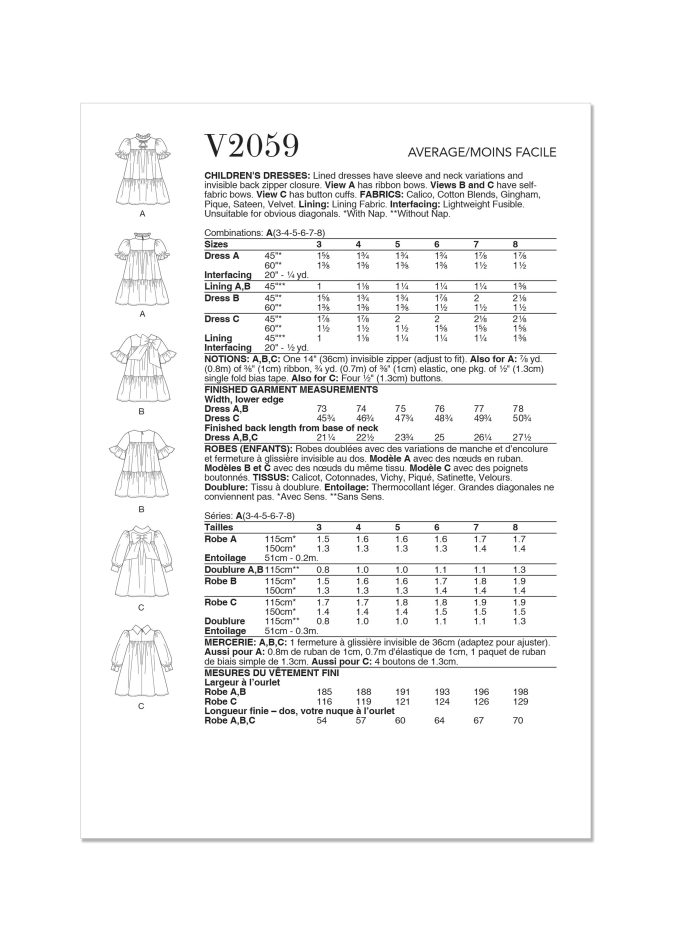 Naaipatroon Vogue 2059 Meisjes Jurk, maat 3-8 Dui/En/Fr
