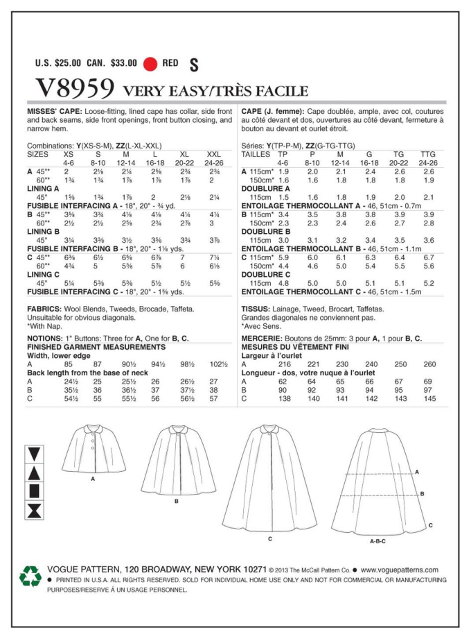 Patron Vogue 8959 cape, en français