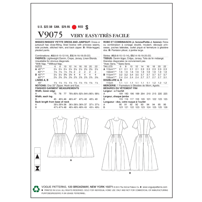 Patron Vogue 9075 robe et combinaison, en français
