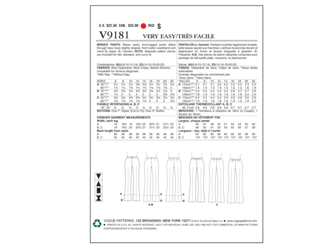 Pattern Vogue 9181 Pantalon, Dui/En/Fr