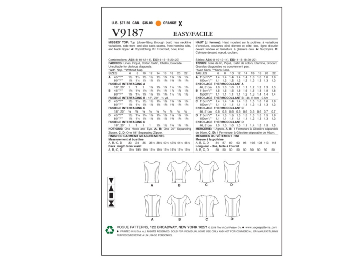 Pattern Vogue 9187 Top, Dui/En/Fr