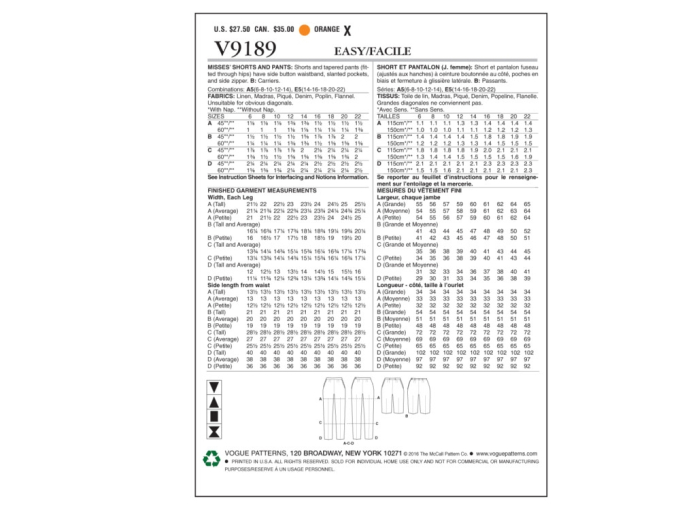 Pattern Vogue 9189 Pantalon, Dui/En/Fr