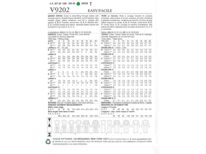 Pattern Vogue 9202 Misses' Jurk, Dui/En/Fr