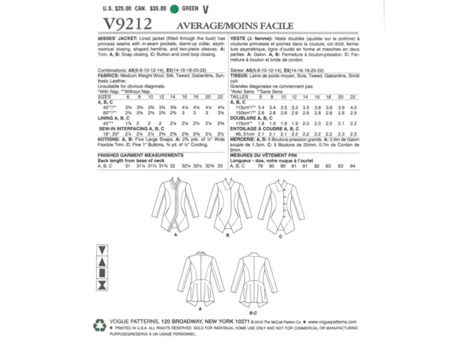 Pattern Vogue 9212 Misses' Jas, Dui/En/Fr