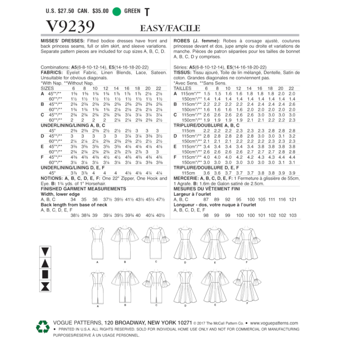 Patron Vogue 9239 robe, taille 32-40, en français