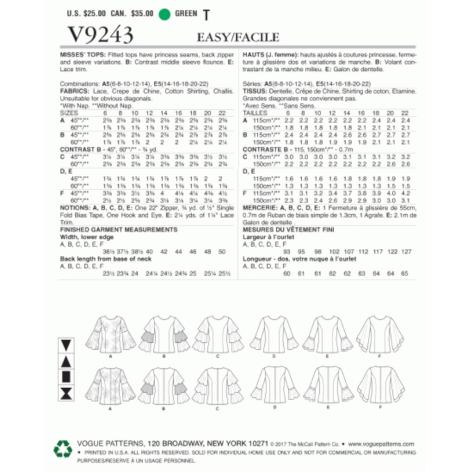 Naaipatroon Vogue 9243 blouse, maat 32-40, Dui/En
