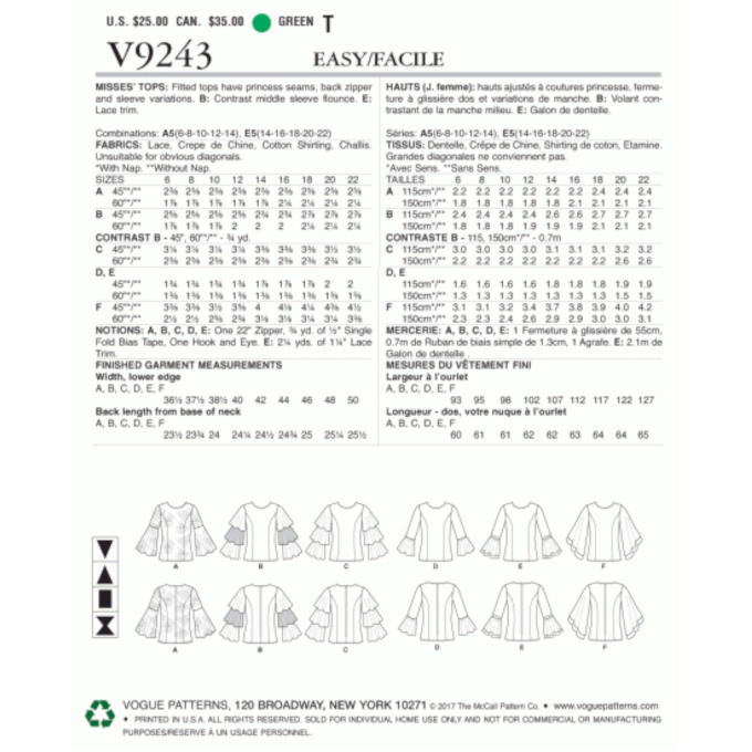Naaipatroon Vogue 9243 blouse, maat 40-48, Dui/En