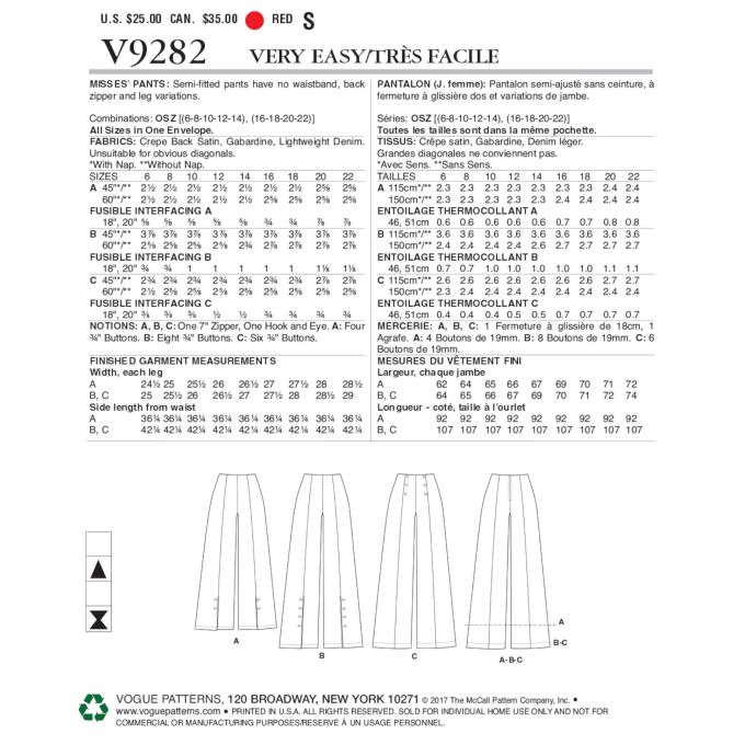 Pattern Vogue 9282 Broek, One Size, Dui/En