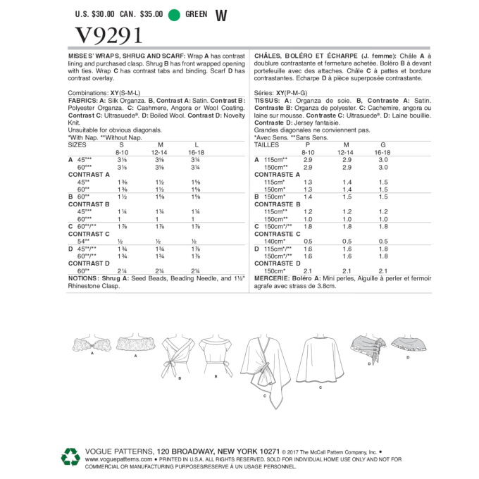 Pattern Vogue 9291 Accessoires, Dui/En/Fr