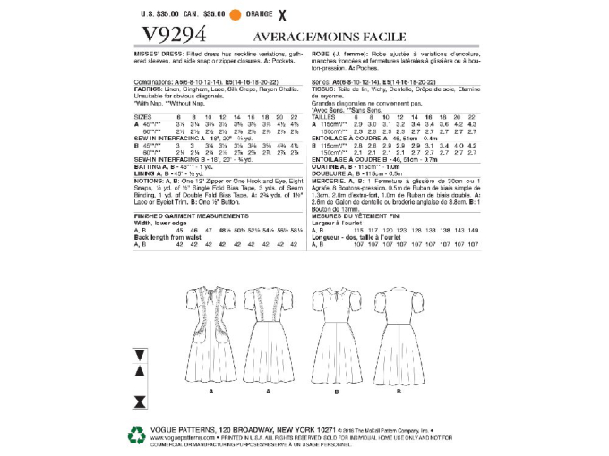 Pattern Vogue 9294, vintage dress, En/Ger/Fr