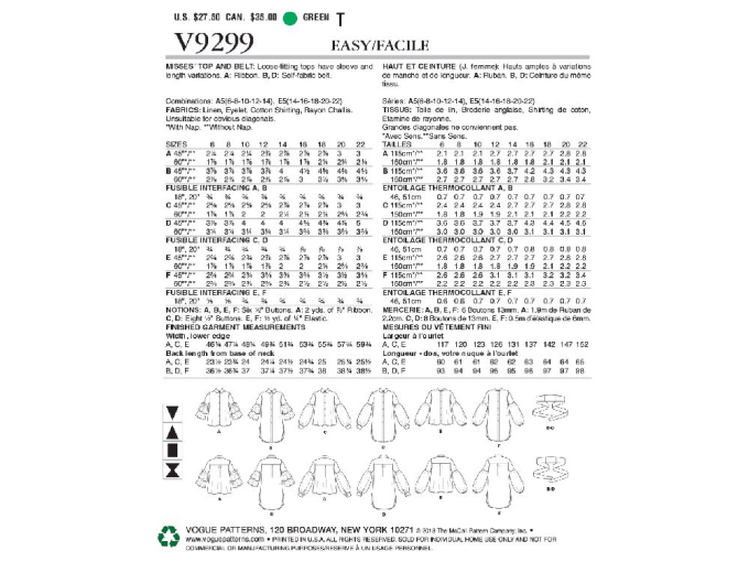 Patron Vogue 9299 chemisier, en français