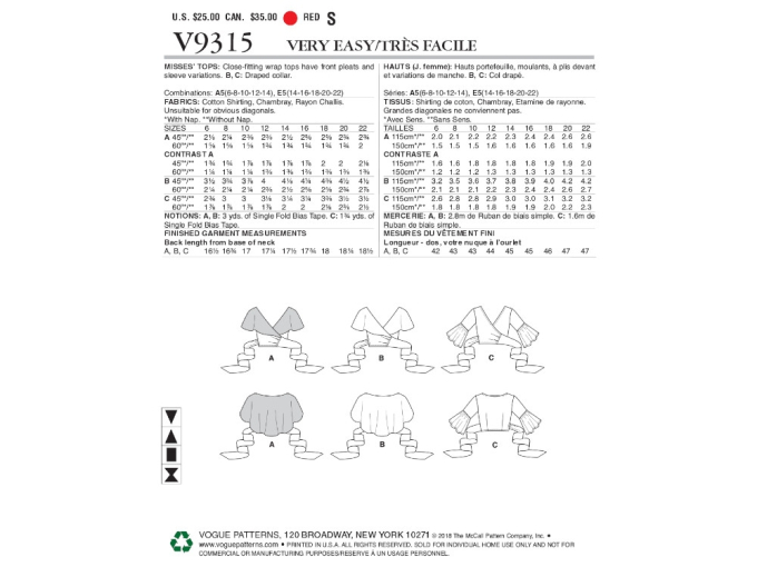 Patron Vogue 9315 blouse, en français