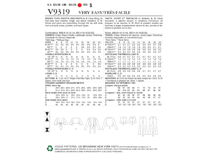 Naaipatroon Vogue 9319, striktop, short / broek met wijde pijp, Dui/En/Fr